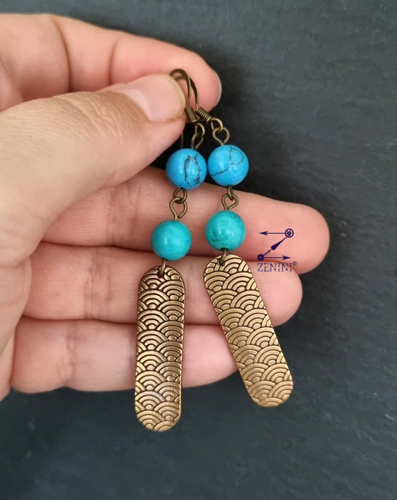 Cercei bronz model valuri si margele turcoaz [3]