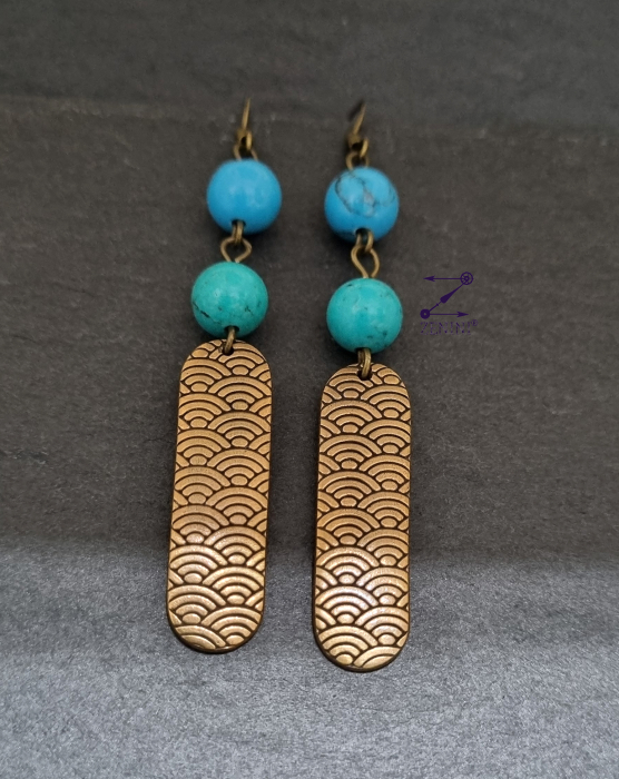 Cercei bronz model valuri si margele turcoaz [2]
