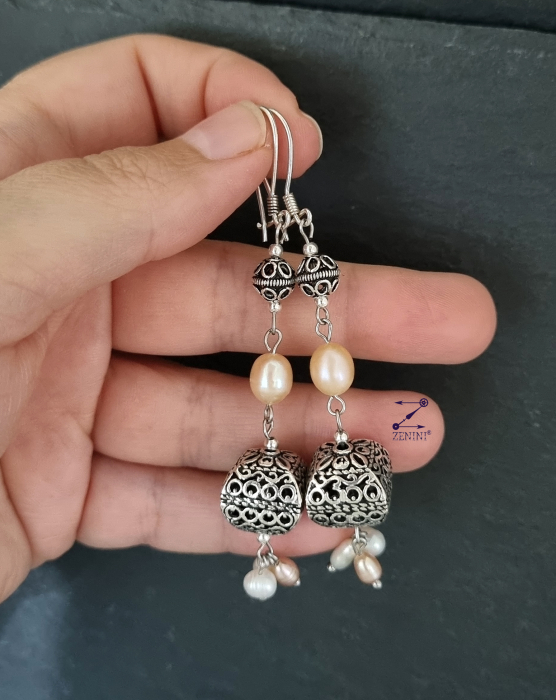 Cercei lungi din argint cu model oriental si perle de cultura - unicat [2]