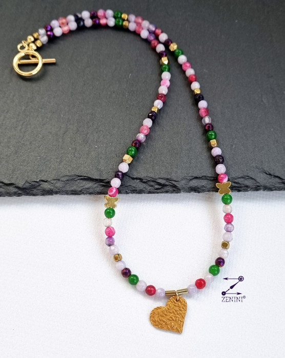 Colier agate, jad si hematit, cu medalion bronz frunze - unicat [2]