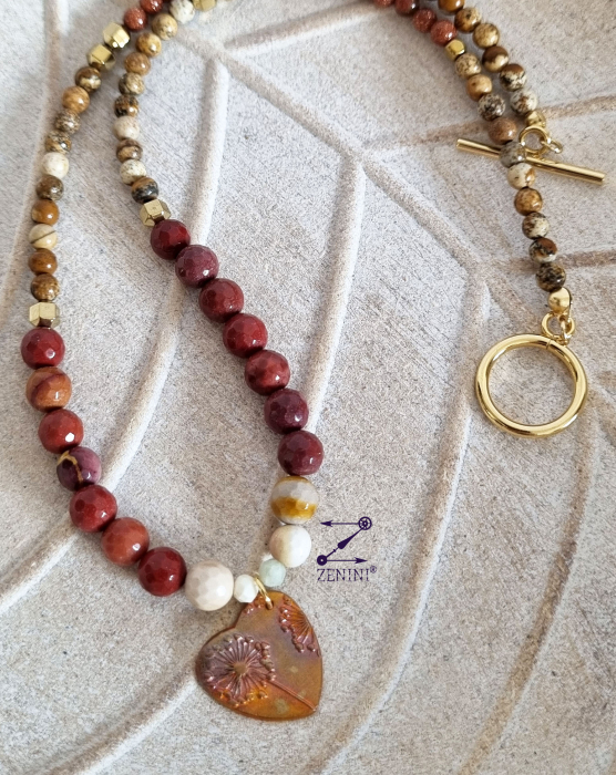 Colier agate, jasp, piatra soarelui, hematit, cu medalion bronz papadie - unicat [2]