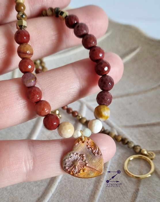 Colier agate, jasp, piatra soarelui, hematit, cu medalion bronz papadie - unicat [3]