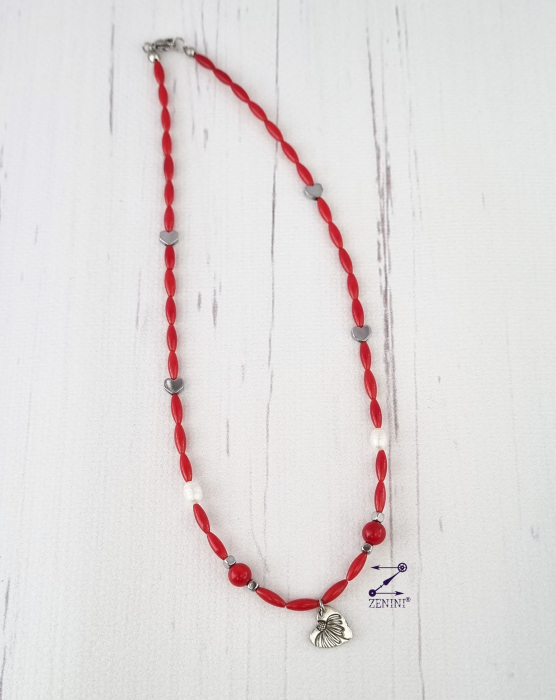 Colier coral, perle, hematit cu medalion inimioara argint - unicat [4]