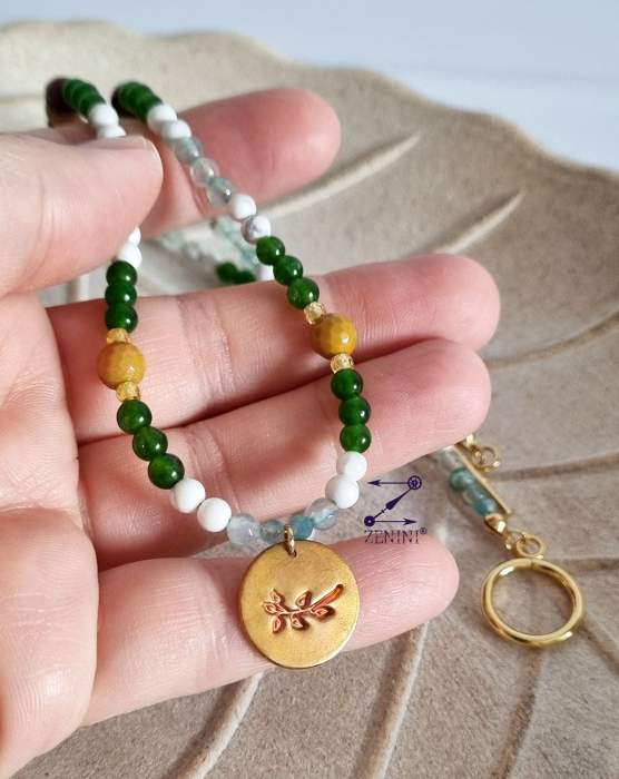 Colier jad, agate, howlit, hematit, cu medalion bronz frunze - unicat [2]