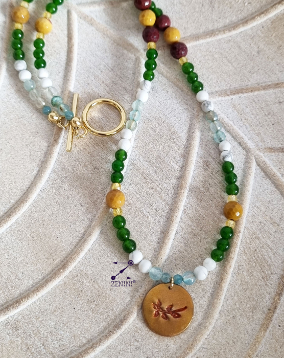 Colier jad, agate, howlit, hematit, cu medalion bronz frunze - unicat [3]