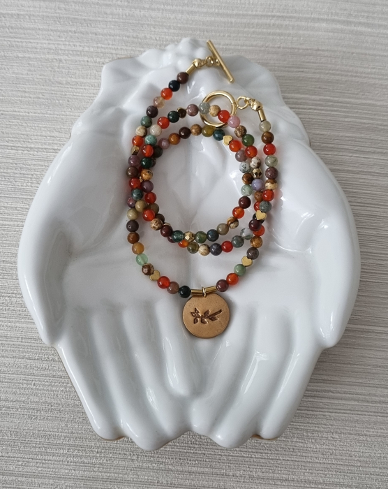 Colier cu agate, jasp si hematit, cu medalion bronz frunze - unicat [2]