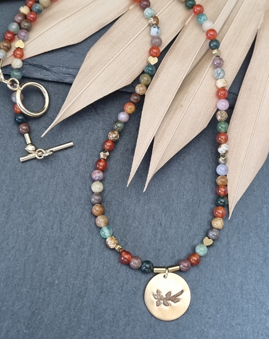 Colier cu agate, jasp si hematit, cu medalion bronz frunze - unicat [3]