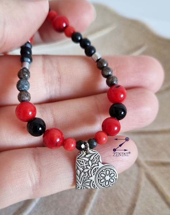 Colier onix, coral, obsidian, hematit cu medalion inimioara argint cu model oriental - unicat [2]