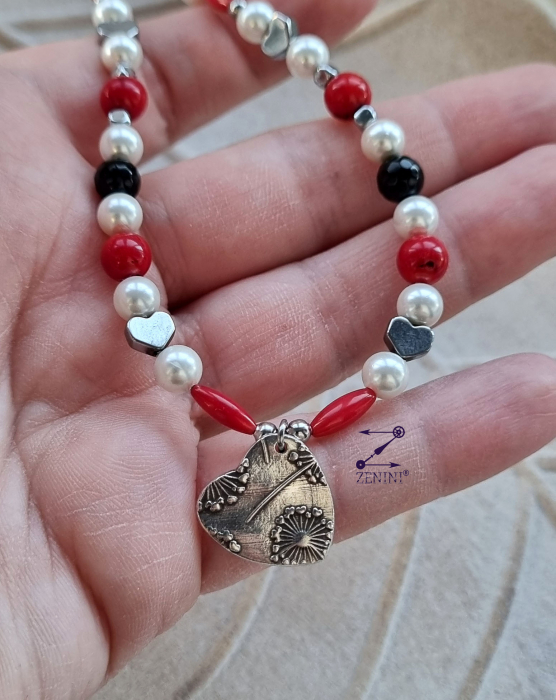 Colier perle, coral, onix, hematit cu medalion inimioara argint - unicat [2]