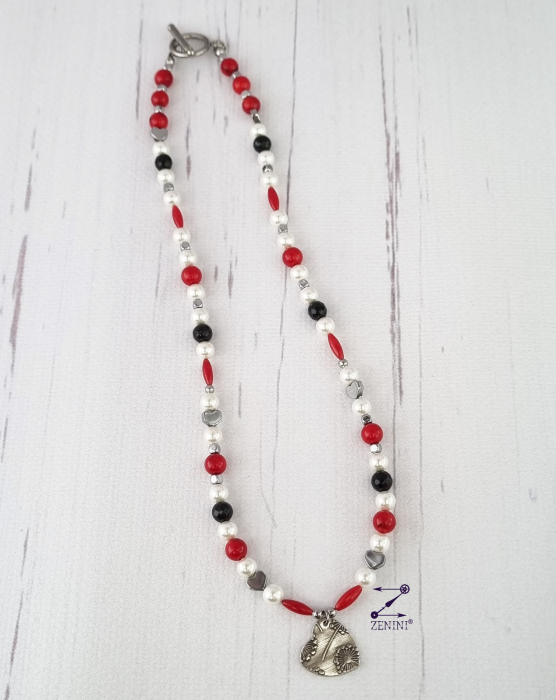 Colier perle, coral, onix, hematit cu medalion inimioara argint - unicat [3]