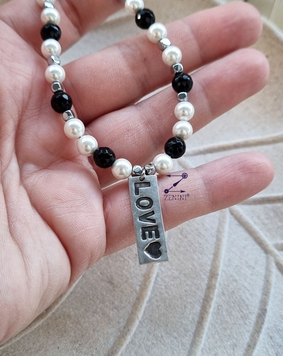 Colier perle, onix, hematit cu medalion LOVE argint - unicat [2]