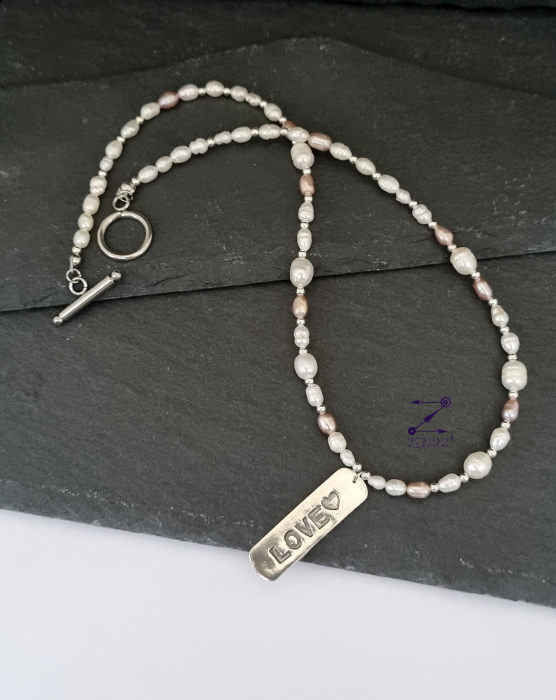 Colier perle, onix, hematit cu medalion LOVE argint - unicat [2]