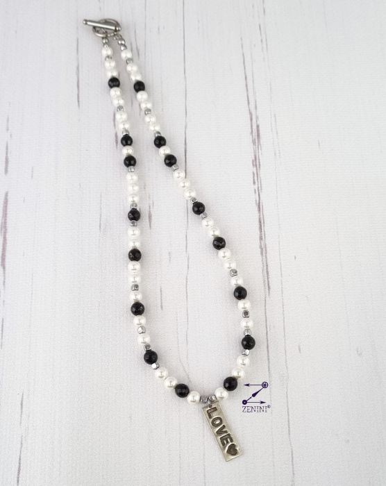 Colier perle, onix, hematit cu medalion LOVE argint - unicat [3]