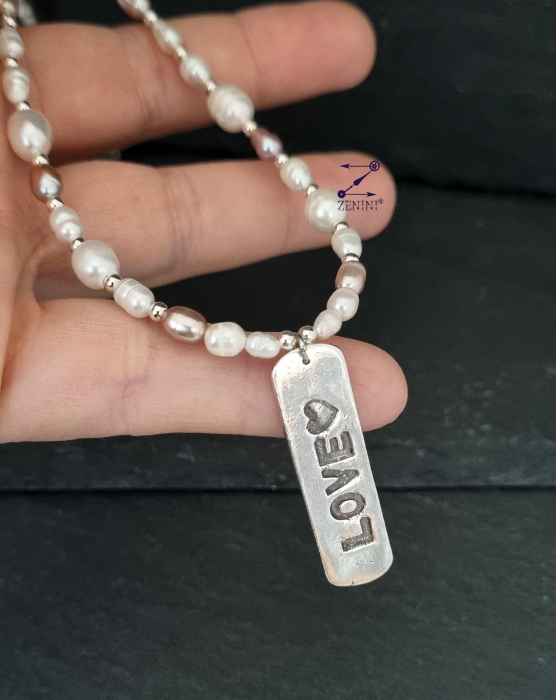 Colier perle, onix, hematit cu medalion LOVE argint - unicat [3]