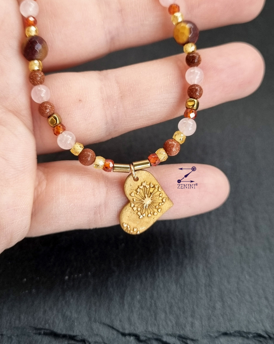 Colier piatra soarelui, cuart roz, agate, hematit cu medalion bronz papadie - unicat [2]