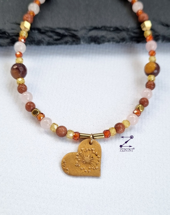 Colier piatra soarelui, cuart roz, agate, hematit cu medalion bronz papadie - unicat [1]