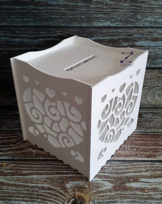 Cutie de dar cu inimioare pentru nunta sau botez, decupata din PVC alb, 30 x 28 x 30 cm, capacitate de pana la 150 de plicuri [2]