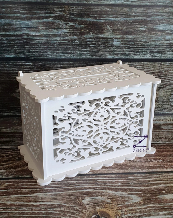 Cutie de dar eleganta cu model decupat din PVC alb, perfecta pentru nunta sau botez, 31 x 17 x 20 cm, capacitate de pana la 100 de plicuri [5]