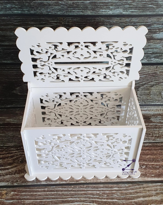 Cutie de dar eleganta cu model decupat din PVC alb, perfecta pentru nunta sau botez, 31 x 17 x 20 cm, capacitate de pana la 100 de plicuri [2]