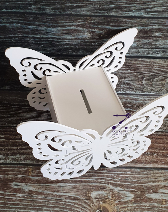 Cutie de dar in forma de fluture pentru nunta sau botez, decupata din PVC alb, 26 x 20 x 14 cm, capacitate de pana la 100 de plicuri [2]