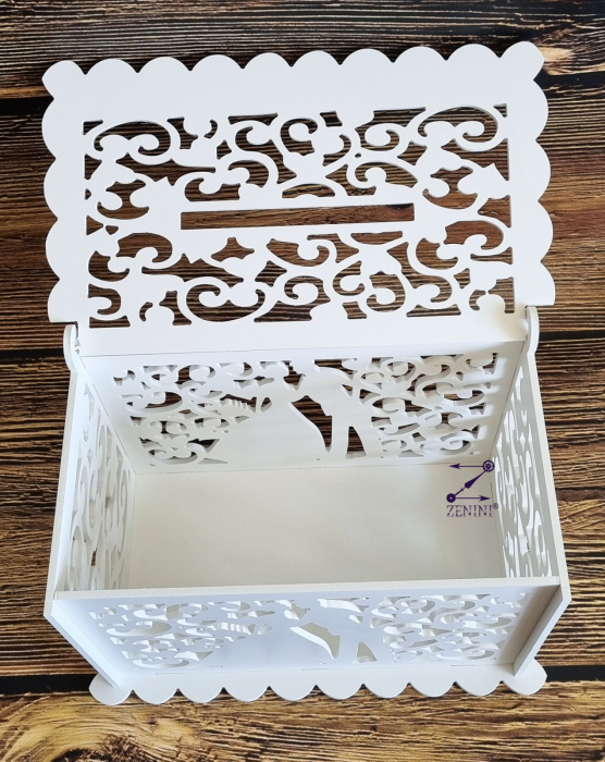 Cutie de dar personalizata, cu siluete de miri decupate din PVC alb, pentru nunta, 30 x 18 x 20 cm, capacitate de pana la 100 de plicuri [3]