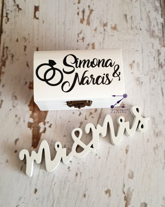 Cutiuta verighete din lemn cu numele mirilor, cu pernuta din satin catifelat - personalizata [3]