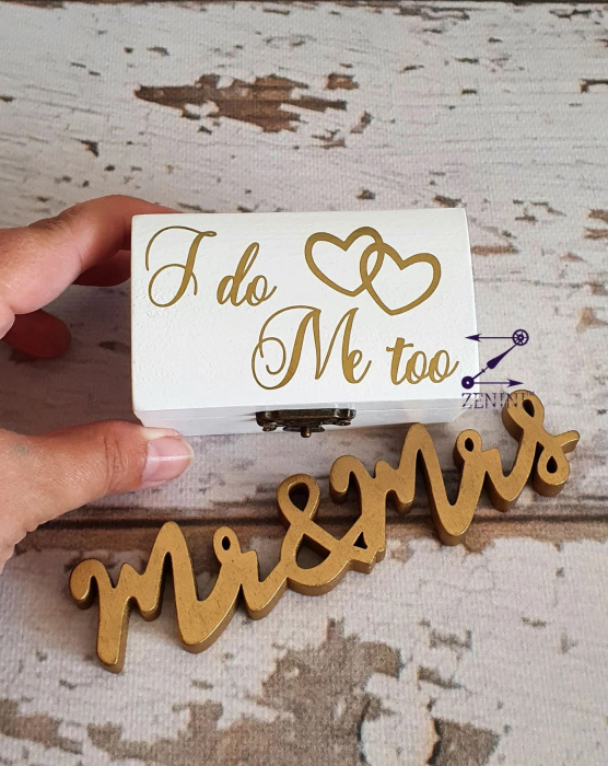 Cutiuta verighete din lemn I do Me too, cu pernuta din satin catifelat - personalizata [2]
