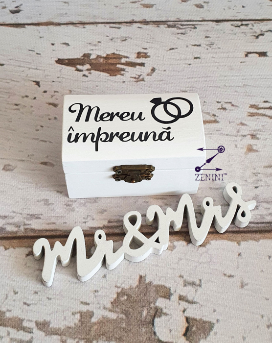Cutiuta verighete din lemn Mereu impreuna, cu pernuta din satin catifelat - personalizata [3]