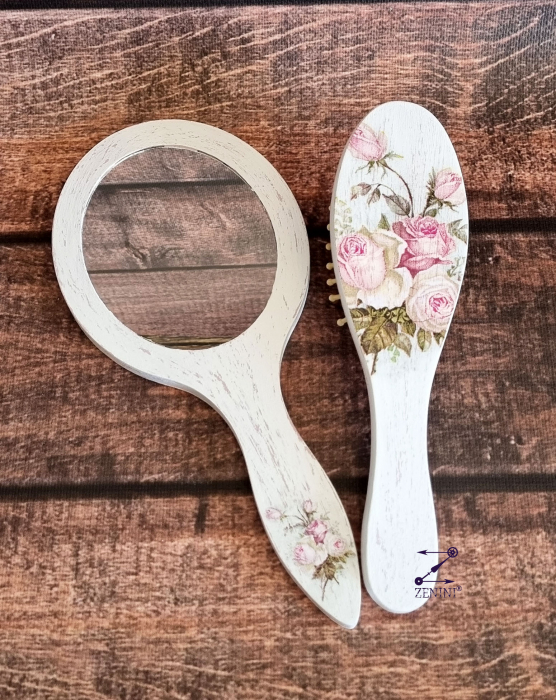 Set perie si oglinda mireasa, cu trandafiri vintage [2]