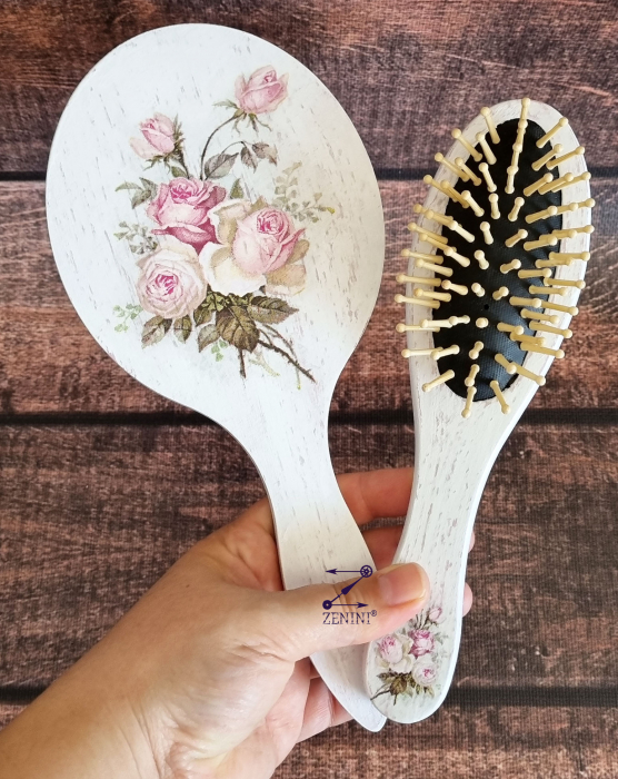 Set perie si oglinda mireasa, cu trandafiri vintage [3]