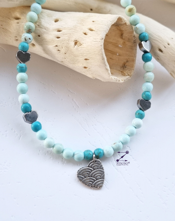 BIJUTERII ARGINT - Colier turcoaze, jasp, agate, hematit cu medalion inimioara argint - unicat