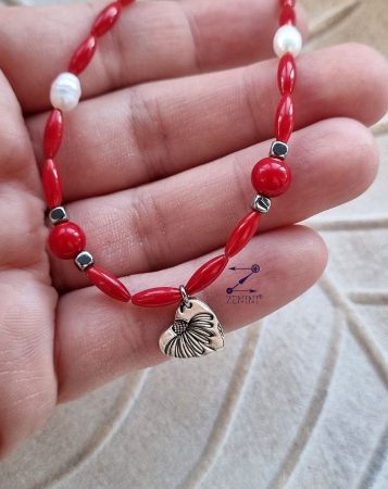BIJUTERII ARGINT - Colier coral, perle, hematit cu medalion inimioara argint - unicat