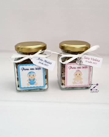 Accesorii copii - Borcan cu mirodenii pentru prima baita a bebelusului dupa botez - personalizat