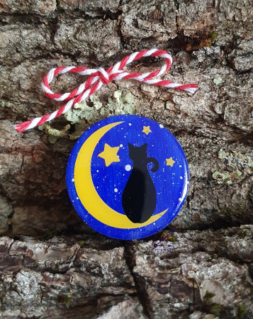 Martisor - Brosa pisica neagra si luna, glazurata cu rasina