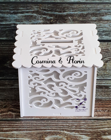 Cutii de dar botez - Casuta de dar personalizata pentru nunta, decupata din PVC alb, 25 x 25 x 30 cm, capacitate de pana la 150 de plicuri