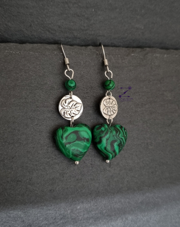Cercei argint cu Monstera si inimi de malachit [1]
