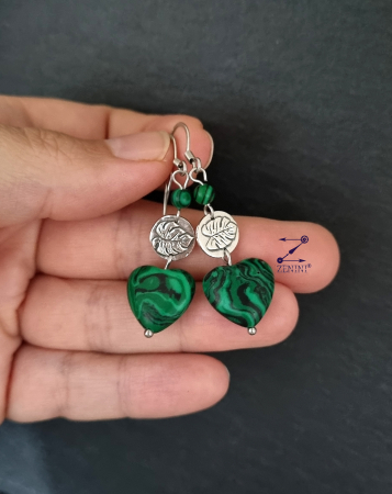 Cercei argint cu Monstera si inimi de malachit