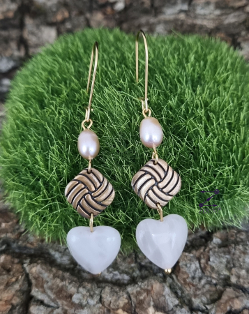 Cercei din bronz cu perle si inimi de cuart roz [1]