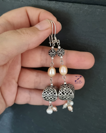 Cercei lungi din argint cu model oriental si perle de cultura - unicat [1]