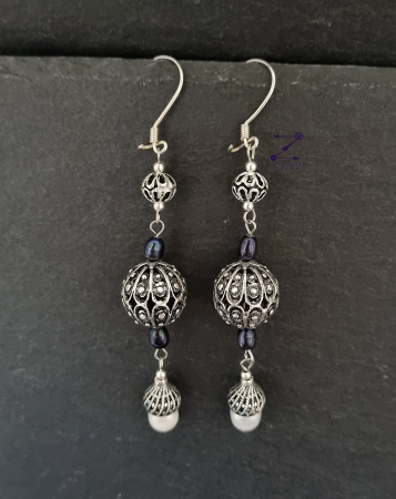 Cercei lungi din argint cu perle de cultura albe si negre - unicat [1]