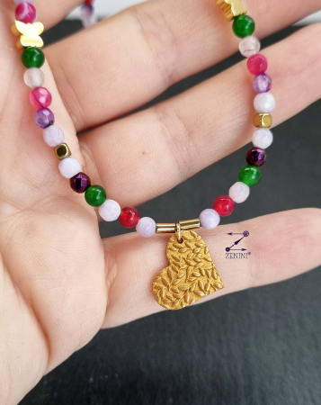 Colier agate, jad si hematit, cu medalion bronz frunze - unicat [2]