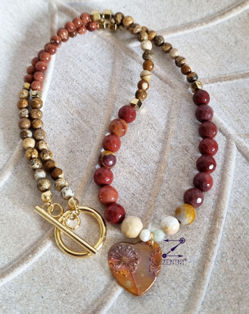 ALTE BIJUTERII - Colier agate, jasp, piatra soarelui, hematit, cu medalion bronz papadie - unicat