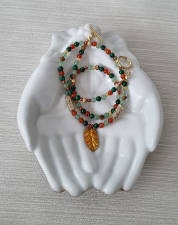 Bijuterii bronz - Colier cu aventurin, jasp, malachit, lava si agate, cu medalion frunza din bronz - unicat