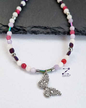 BIJUTERII ARGINT - Colier cu jad, agate si hematit cu medalion argint cu model oriental - unicat
