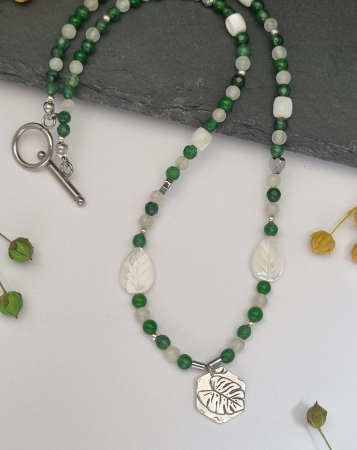 Colier cu jad, agate, sidef si hematit cu medalion argint cu frunza de Monstera - unicat [1]