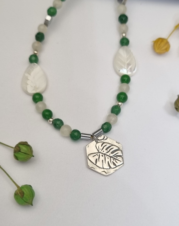 Colier cu jad, agate, sidef si hematit cu medalion argint cu frunza de Monstera - unicat [2]