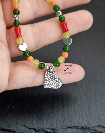 Colier cu jad, coral si hematit cu medalion argint cu model frunze - unicat [2]