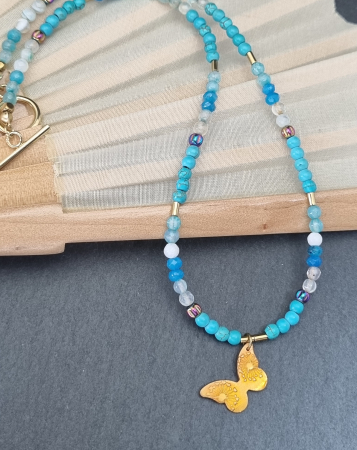 Bijuterii bronz - Colier cu turcoaz, jad, agate si hematit cu medalion fluture din bronz - unicat