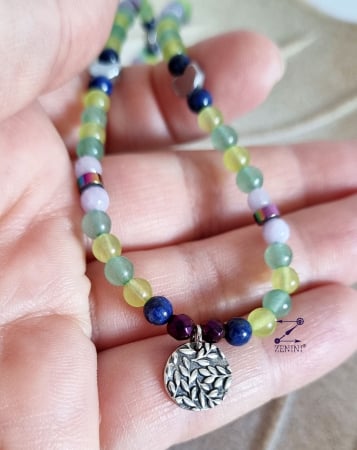 BIJUTERII ARGINT - Colier jad, lapis lazuli, hematit cu medalion din argint cu frunze - unicat