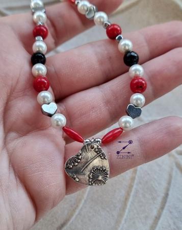 Colier perle, coral, onix, hematit cu medalion inimioara argint - unicat [1]